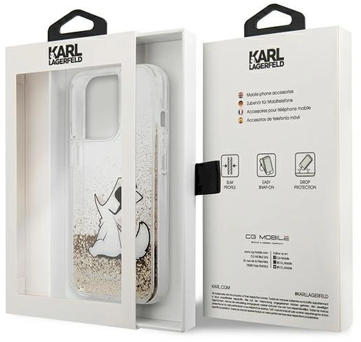 Karl Lagerfeld dėklas, skirtas iPhone 13 Pro Max 6,7 KLHCP13XGCFD auksinis Liquid Glitter Choupette Fun