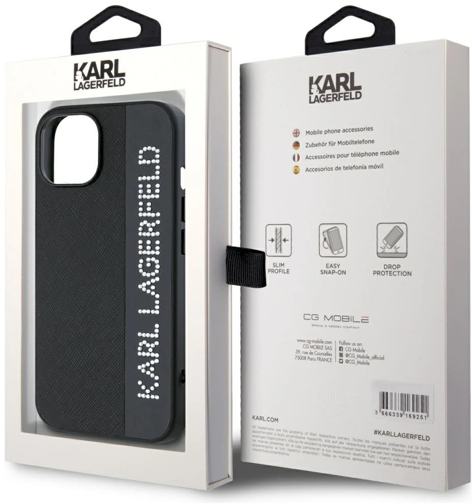 Karl Lagerfeld KLHCP15SPSAKDGCK Apple iPhone 15 / 14 / 13 6.1″ juodos spalvos kietas dėklas Saffiano Rhinestones &