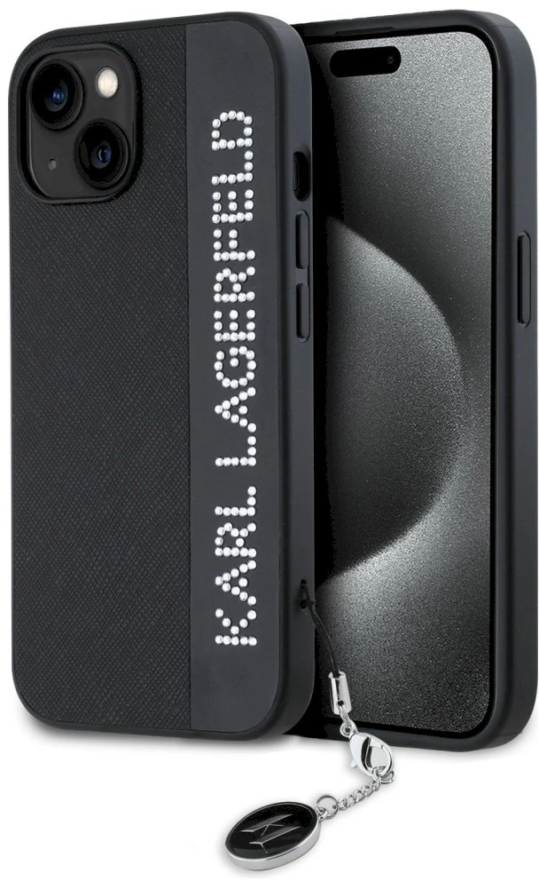 Karl Lagerfeld KLHCP15SPSAKDGCK Apple iPhone 15 / 14 / 13 6.1″ juodos spalvos kietas dėklas Saffiano Rhinestones &