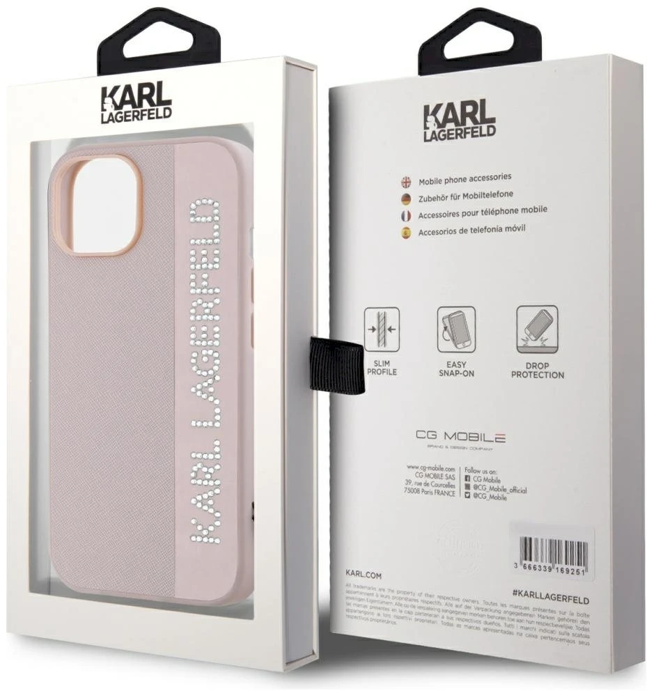 Karl Lagerfeld KLHCP15SPSAKDGCP Apple iPhone 15 / 14 / 13 6.1″ rožinės spalvos kietas dėklas Saffiano Rhinestones &