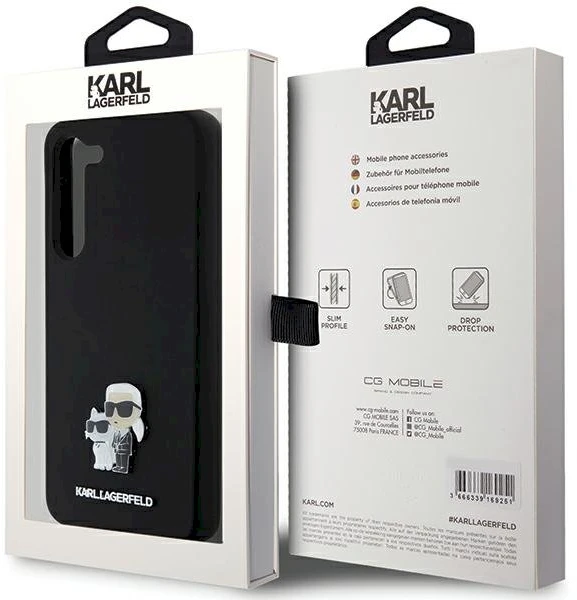 Karl Lagerfeld KLHCS24MSMHKCNPK S24+S926 kietas dėklas juodos spalvos Silicone Karl&Choupette Metal Pin