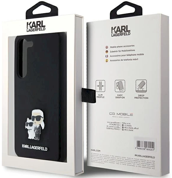 Karl Lagerfeld KLHCS24SSMHKCNPK S24 S921 kietas dėklas juodos spalvos Silicone Karl&Choupette Metal Pin