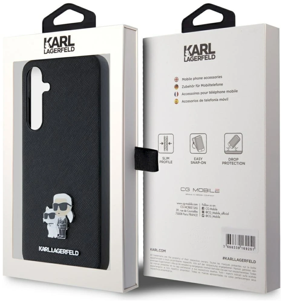 Samsung Galaxy A35 5G Karl Lagerfeld dėklas Saffiano Karl&Choupette Pin (KLHCSA35SAKCNPK) juodos spalvos