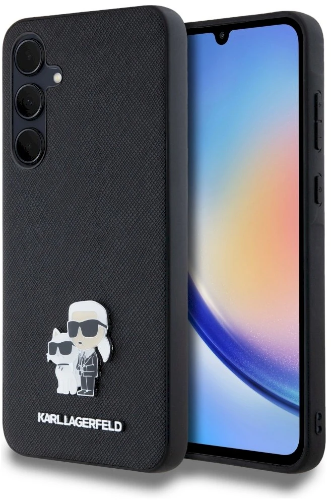 Samsung Galaxy A35 5G Karl Lagerfeld dėklas Saffiano Karl&Choupette Pin (KLHCSA35SAKCNPK) juodos spalvos