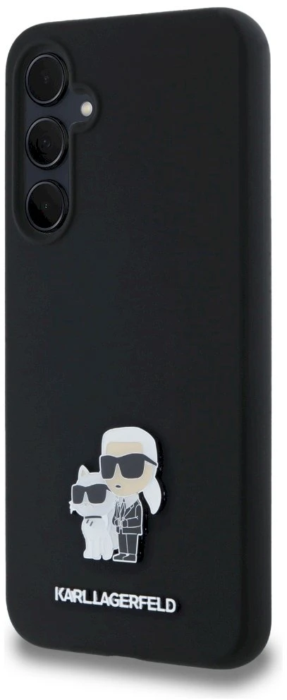 Originalus Karl Lagerfeld kietas silikoninis dėklas Karl&Choupette metalinis segtukas KLHCSA35SMHKCNPK, skirtas Samsung Galaxy A35 juodas