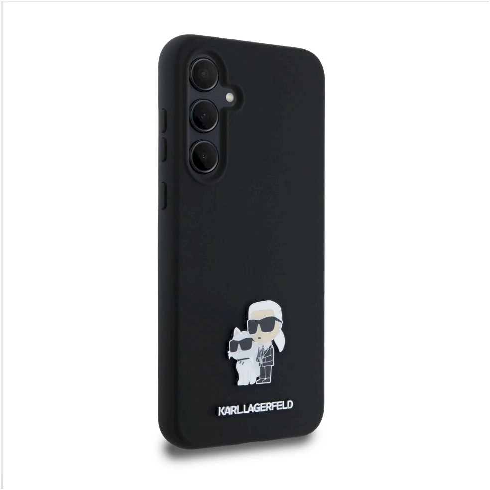 Originalus Karl Lagerfeld kietas silikoninis dėklas Karl&Choupette metalinis segtukas KLHCSA35SMHKCNPK, skirtas Samsung Galaxy A35 juodas
