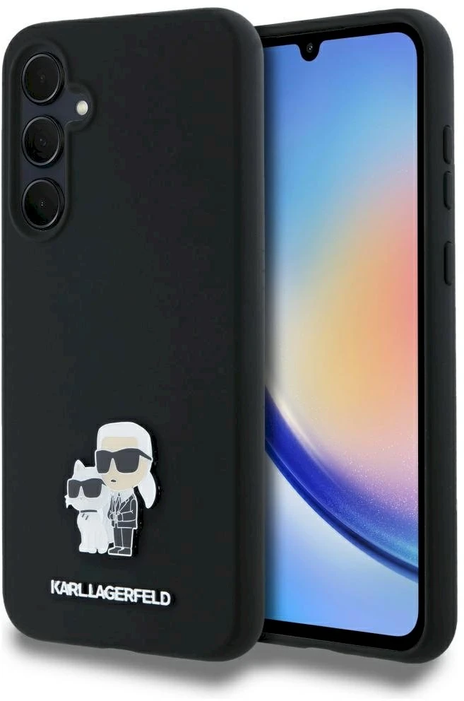 Originalus Karl Lagerfeld kietas silikoninis dėklas Karl&Choupette metalinis segtukas KLHCSA35SMHKCNPK, skirtas Samsung Galaxy A35 juodas