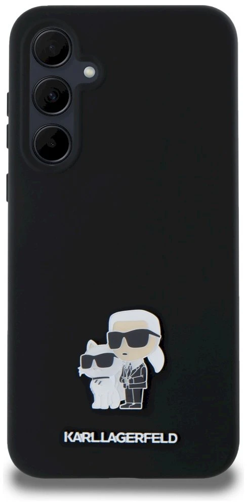 Originalus Karl Lagerfeld kietas silikoninis dėklas Karl&Choupette metalinis segtukas KLHCSA35SMHKCNPK, skirtas Samsung Galaxy A35 juodas