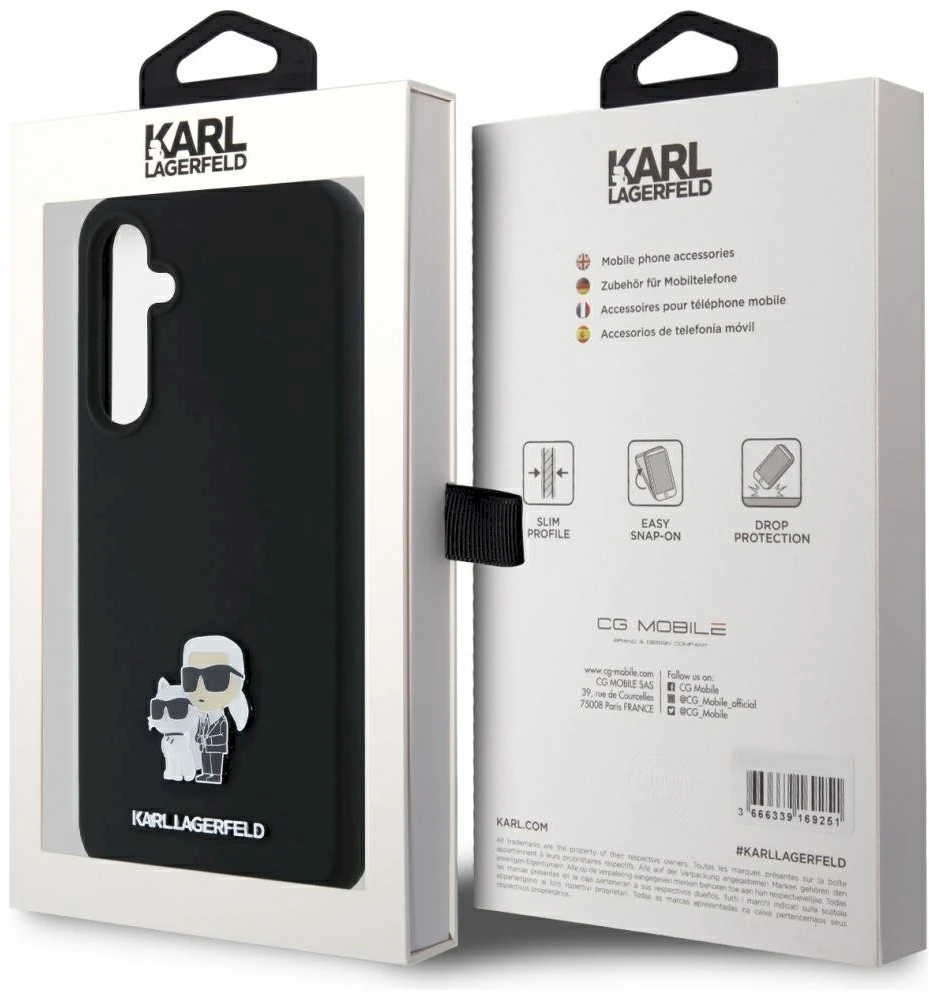 Originalus Karl Lagerfeld kietas silikoninis dėklas Karl&Choupette metalinis segtukas KLHCSA35SMHKCNPK, skirtas Samsung Galaxy A35 juodas