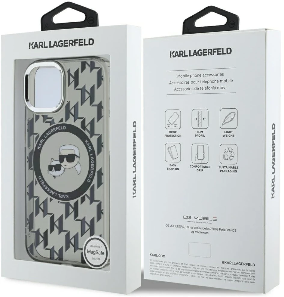 Dėklas Karl Lagerfeld KLHMP15SHMCKMHK Apple iPhone 15 6.1″ juodos spalvos IML Monogram Karl&Choupette Head MagSafe