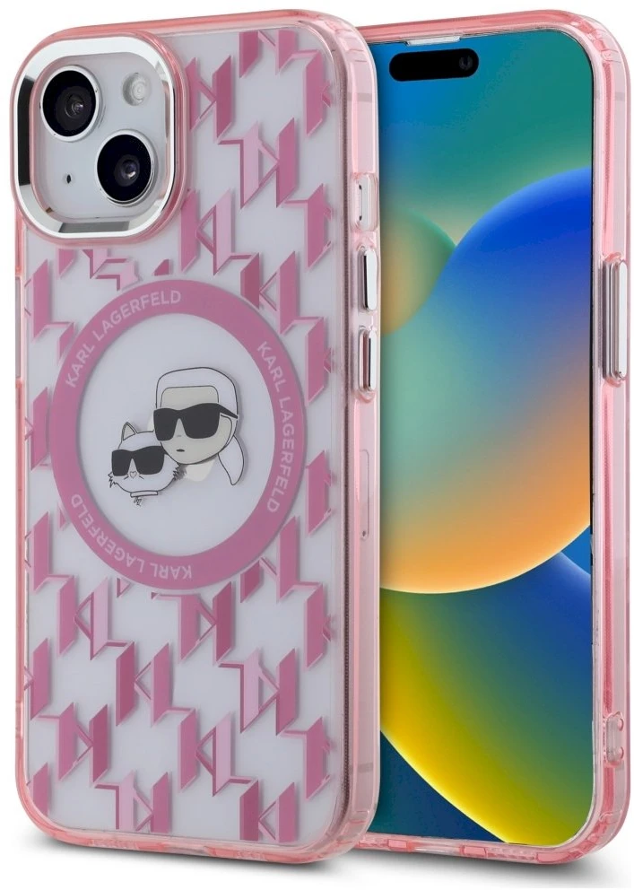 Dėklas Karl Lagerfeld KLHMP15SHMCKMHP Apple iPhone 15 6.1″ rožinės spalvos IML Monogram Karl&Choupette Head MagSafe
