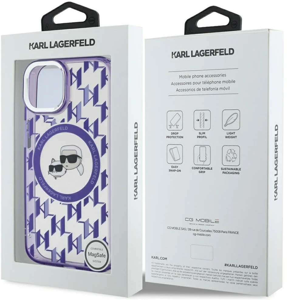 Dėklas Karl Lagerfeld KLHMP15SHMCKMHU Apple iPhone 15 6.1″violetinės spalvos IML Monogram Karl&Choupette Head MagSa