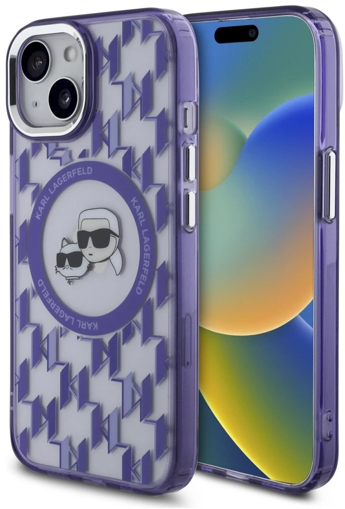 Dėklas Karl Lagerfeld KLHMP15SHMCKMHU Apple iPhone 15 6.1″violetinės spalvos IML Monogram Karl&Choupette Head MagSa