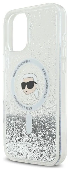 Karl Lagerfeld KLHMP16MLGKISGH Apple iPhone 16 Plus 6.7″ kietas dėklas skaidrus Liquid Glitter Karl Head Mag
