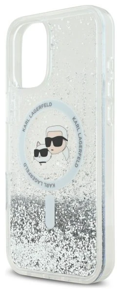 Karl Lagerfeld KLHMP16SLGKCSGH Apple iPhone16 6.1″ kietas dėklas skaidrus Liquid Glitter Karl&Choupette Head