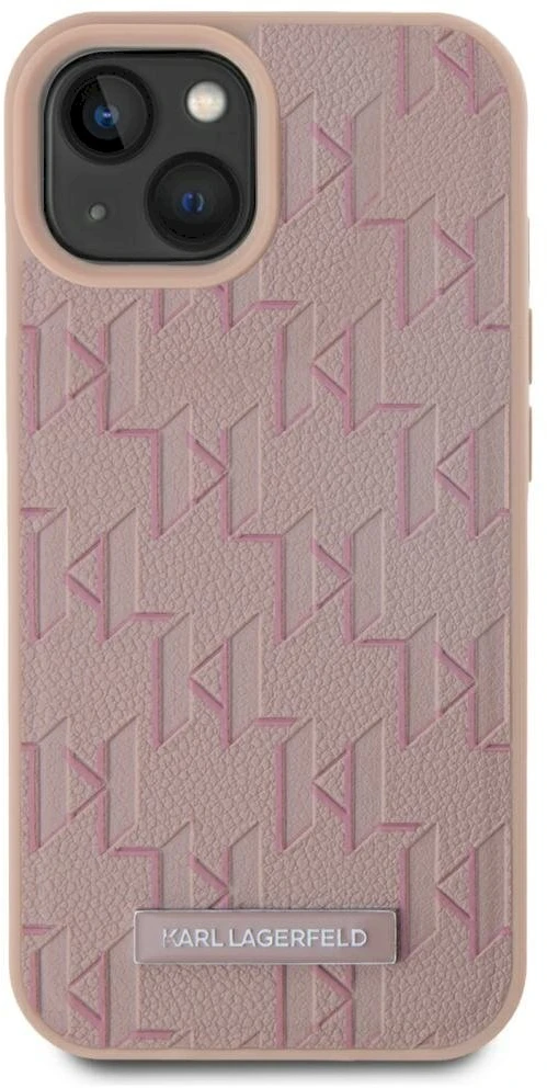 Dėklas Karl Lagerfeld Leather Monogram Metal Logo MagSafe Apple iPhone 15 rožinės spalvos