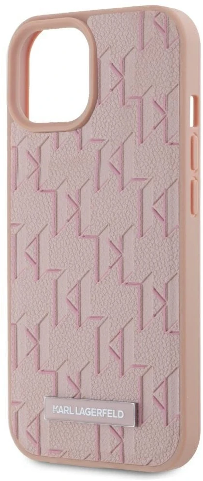 Dėklas Karl Lagerfeld Leather Monogram Metal Logo MagSafe Apple iPhone 15 rožinės spalvos