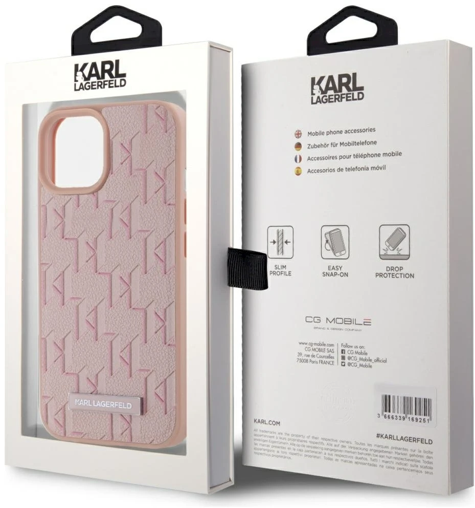Dėklas Karl Lagerfeld Leather Monogram Metal Logo MagSafe Apple iPhone 15 rožinės spalvos
