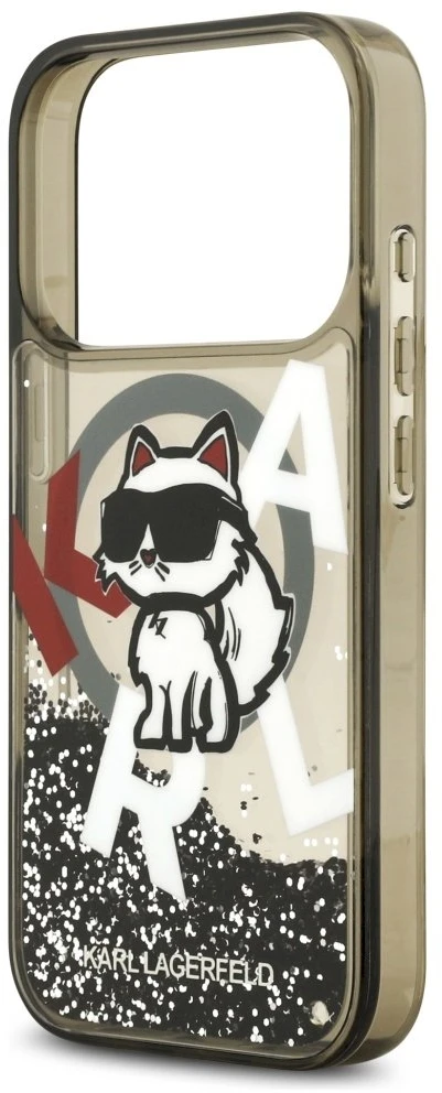 Dėklas Original Pouch Karl Lagerfeld Liquid Glitter Choupette Logo MagSafe skirtas Apple iPhone 17 Pro juodos spalvos
