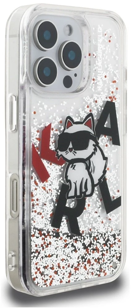 Karl Lagerfeld Liquid Blizgučiais puoštas „Choupette“ logotipo dėklas, skirtas iPhone 16 Pro – skaidrus