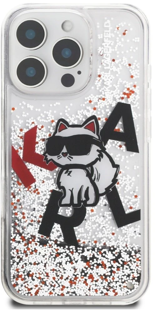 Karl Lagerfeld Liquid Blizgučiais puoštas „Choupette“ logotipo dėklas, skirtas iPhone 16 Pro Max – skaidrus