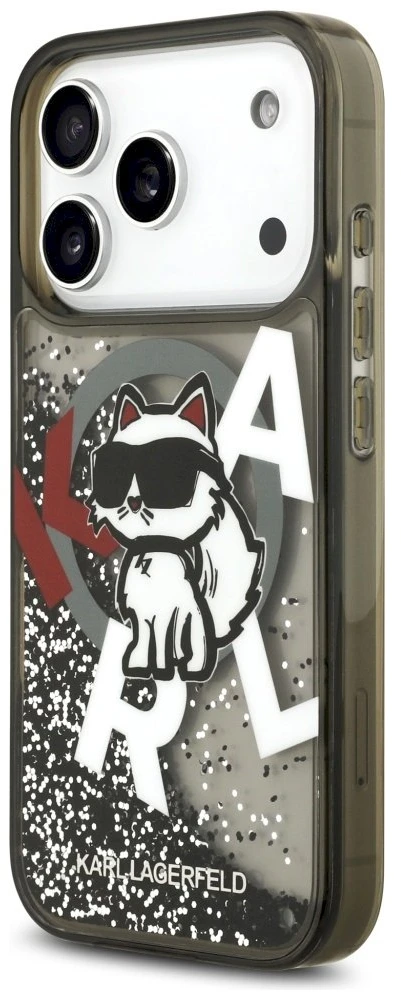 Dėklas Original Pouch Karl Lagerfeld Liquid Glitter Choupette Logo MagSafe skirtas Apple iPhone 17 Pro juodos spalvos