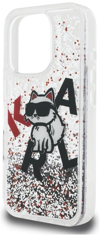 Karl Lagerfeld Liquid Blizgučiais puoštas „Choupette“ logotipo dėklas, skirtas iPhone 16 Pro Max – skaidrus