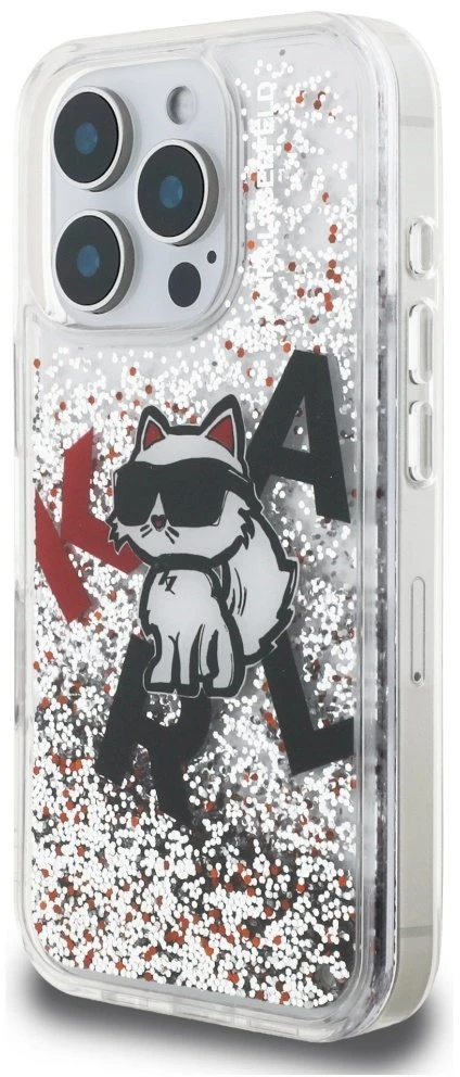 Karl Lagerfeld Liquid Blizgučiais puoštas „Choupette“ logotipo dėklas, skirtas iPhone 16 Pro – skaidrus