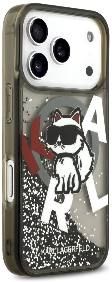 Dėklas Original Pouch Karl Lagerfeld Liquid Glitter Choupette Logo MagSafe skirtas Apple iPhone 17 Pro juodos spalvos