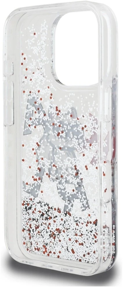 Karl Lagerfeld Liquid Blizgučiais puoštas „Choupette“ logotipo dėklas, skirtas iPhone 16 Pro – skaidrus