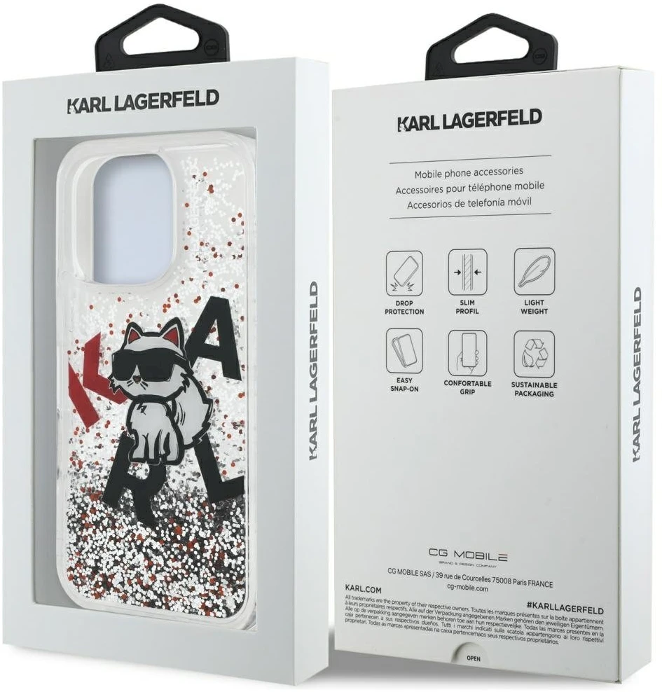 Karl Lagerfeld Liquid Blizgučiais puoštas „Choupette“ logotipo dėklas, skirtas iPhone 16 Pro – skaidrus