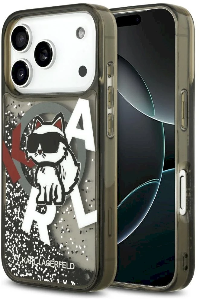 Dėklas Original Pouch Karl Lagerfeld Liquid Glitter Choupette Logo MagSafe skirtas Apple iPhone 17 Pro juodos spalvos