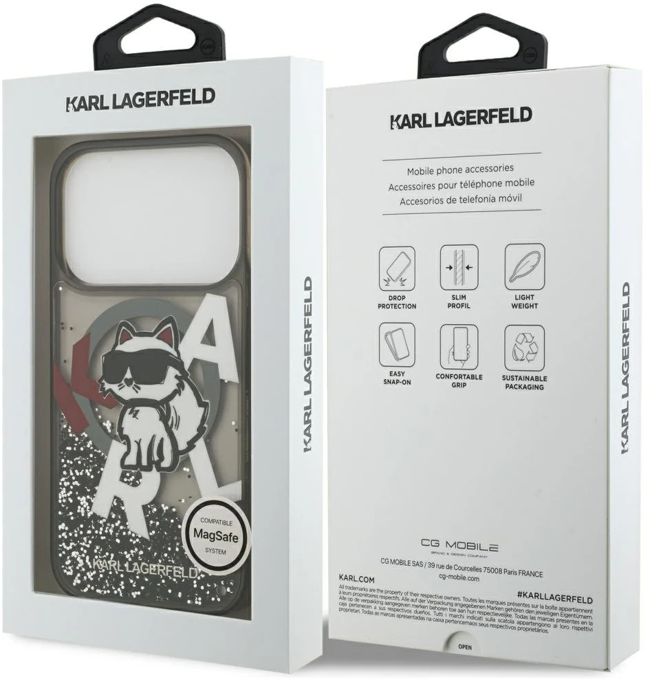 Dėklas Original Pouch Karl Lagerfeld Liquid Glitter Choupette Logo MagSafe skirtas Apple iPhone 17 Pro juodos spalvos