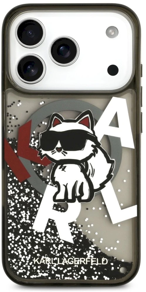 Dėklas Original Pouch Karl Lagerfeld Liquid Glitter Choupette Logo MagSafe skirtas Apple iPhone 17 Pro juodos spalvos