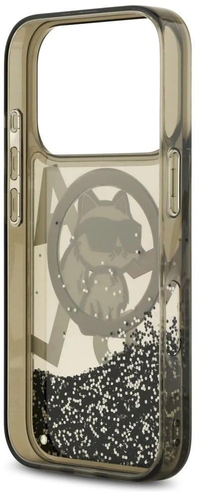 Dėklas Original Pouch Karl Lagerfeld Liquid Glitter Choupette Logo MagSafe skirtas Apple iPhone 17 Pro juodos spalvos