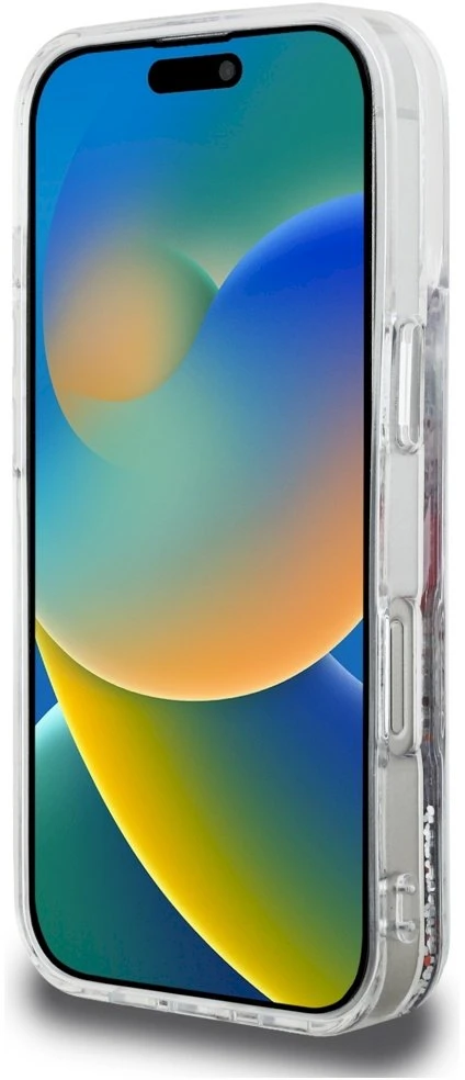 Karl Lagerfeld Liquid Blizgučiais puoštas „Choupette“ logotipo dėklas, skirtas iPhone 16 Pro – skaidrus