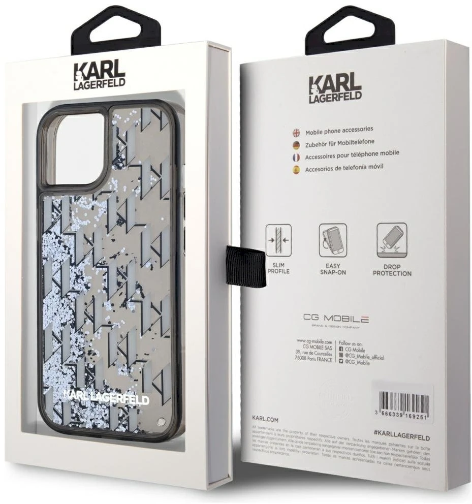 Dėklas Karl Lagerfeld Liquide Glitter Monogram Gradient Apple iPhone 15 juodos spalvos
