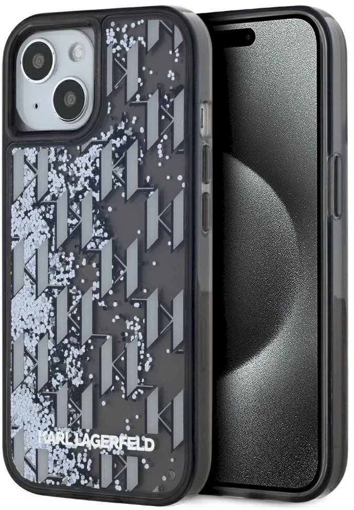 Dėklas Karl Lagerfeld Liquide Glitter Monogram Gradient Apple iPhone 15 juodos spalvos