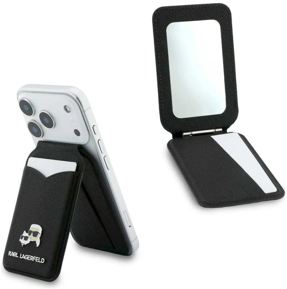Dėklas Karl Lagerfeld Mirror MagSafe Cardslot Stand Juodas