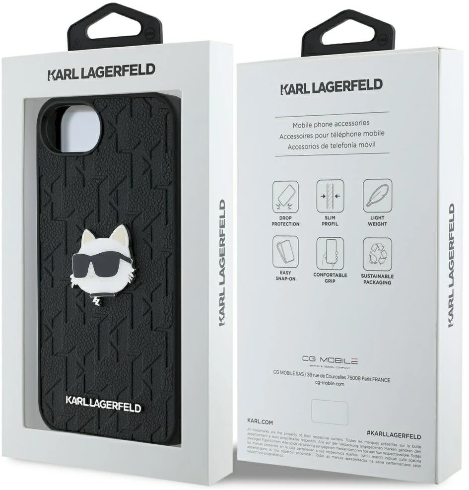 Dėklas Karl Lagerfeld Monogram Choupette Head Pin iPhone 16e Case - Juodas