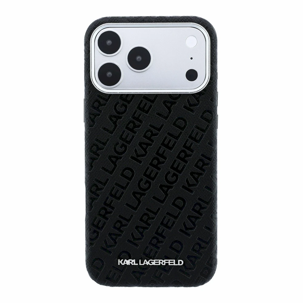 Dėklas Karl Lagerfeld Grained Allover Logo Metal Elongated MagSafe, skirtas iPhone 18 Pro / 17 Pro, juodas