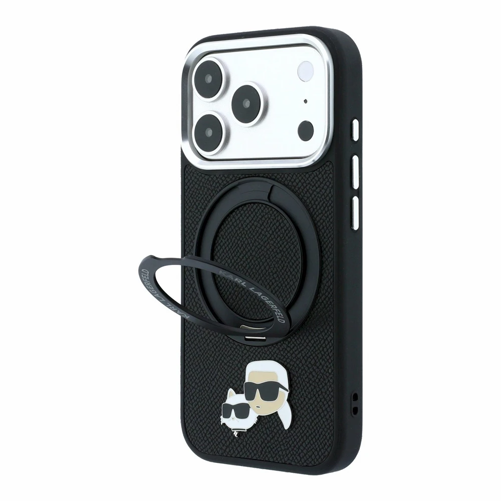 Karl Lagerfeld arl Lagerfeld PU Grained K&CH Heads Ring Stand Magsafe dėklas skirtas iPhone 18 Pro Max juodos spalvos