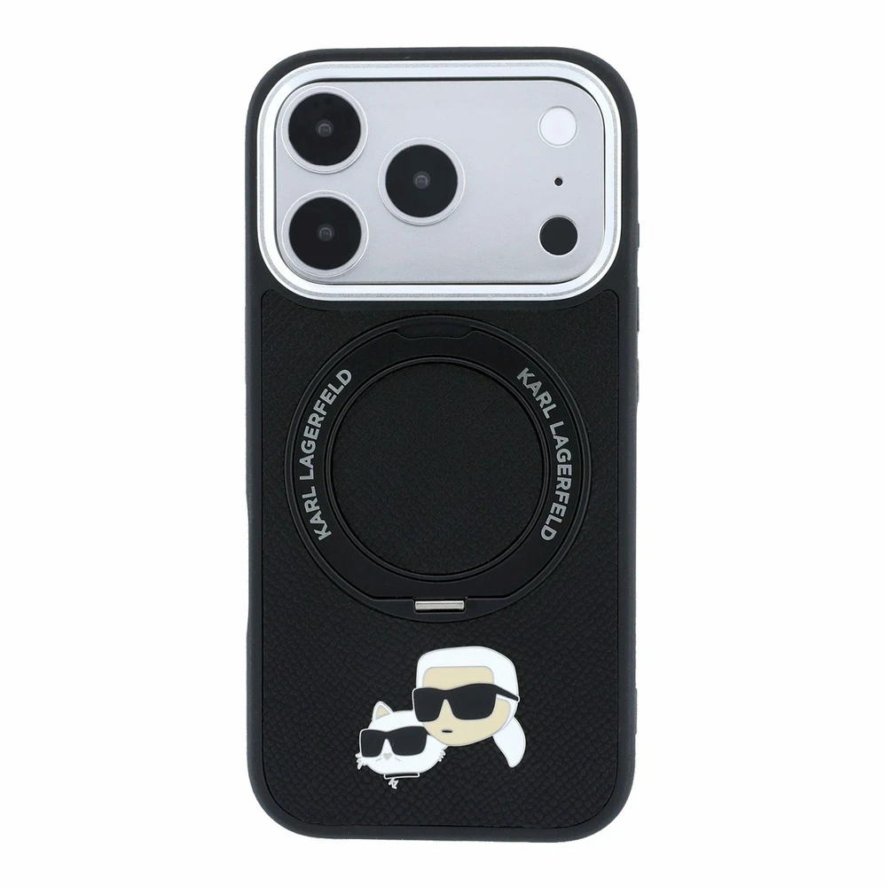 Karl Lagerfeld arl Lagerfeld PU Grained K&CH Heads Ring Stand Magsafe dėklas skirtas iPhone 18 Pro Max juodos spalvos