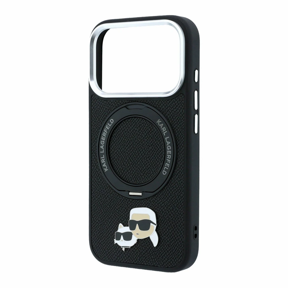 Karl Lagerfeld arl Lagerfeld PU Grained K&CH Heads Ring Stand Magsafe dėklas skirtas iPhone 18 Pro Max juodos spalvos