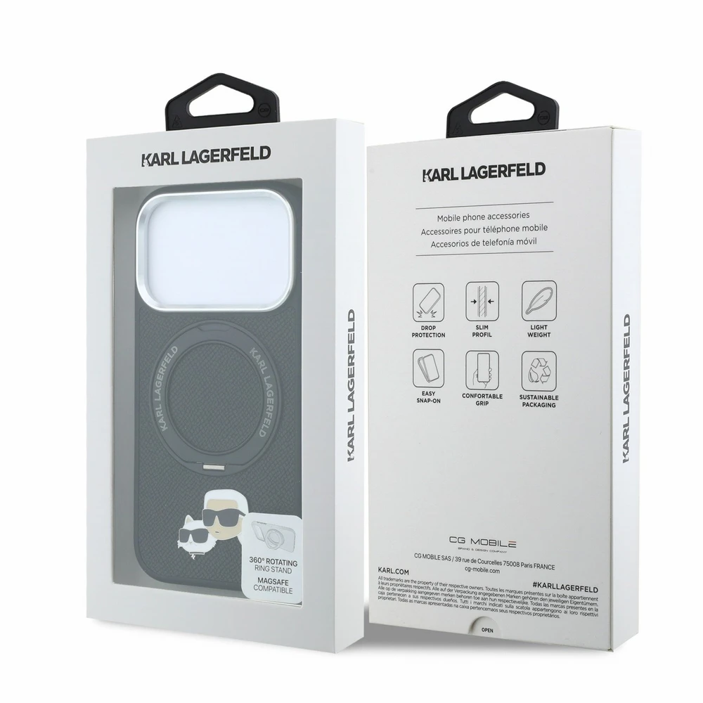 Karl Lagerfeld arl Lagerfeld PU Grained K&CH Heads Ring Stand Magsafe dėklas skirtas iPhone 18 Pro Max juodos spalvos