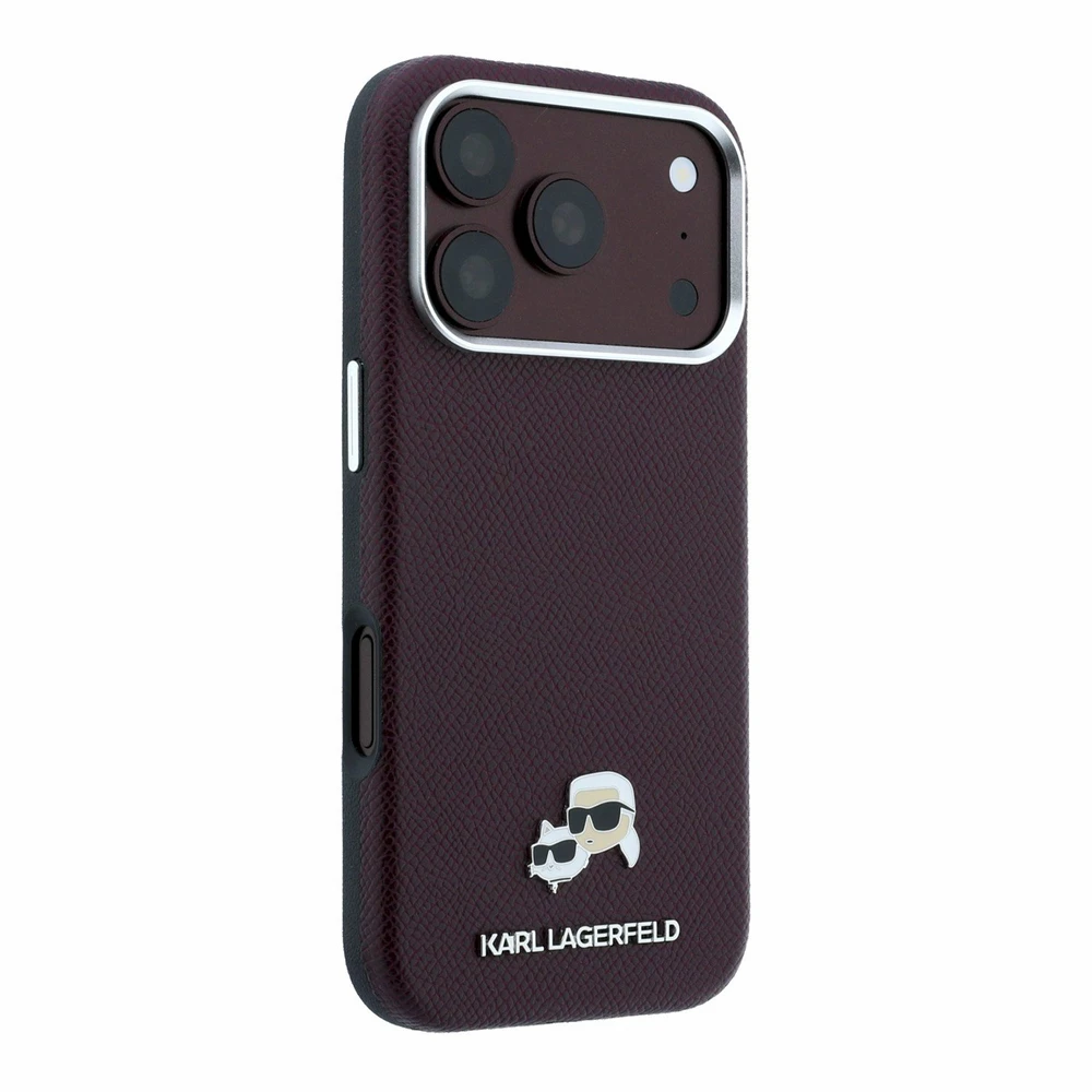 Karl Lagerfeld Grūdėtos odos Choupette galvutės metalinis MagSafe dėklas, skirtas iPhone 18 Pro Max – bordo spalvos