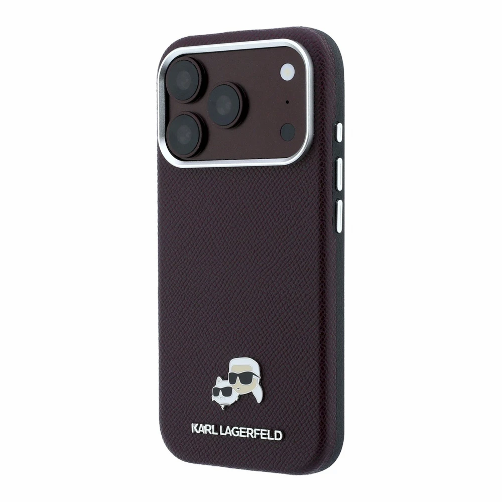 Karl Lagerfeld Grūdėtos odos Choupette galvutės metalinis MagSafe dėklas, skirtas iPhone 18 Pro Max – bordo spalvos