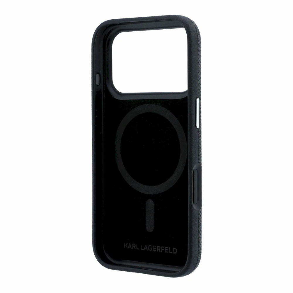 Dėklas Karl Lagerfeld Grained Heads Metal MagSafe Case, skirtas iPhone 17 Pro Max / 18 Pro Max - Juodos spalvos