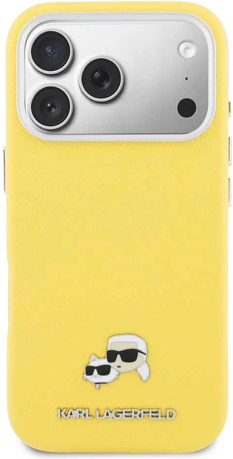 Karl Lagerfeld PU Karl and Choupette Heads Pins MagSafe dėklas skirtas Apple iPhone 17 Pro Max Geltona