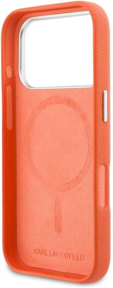 Karl Lagerfeld dėklas, skirtas IPHONE 17 Pro, suderinamas su MagSafe KLHMP17L6PFKCLO (PU FW W/ K&C Head Pin), oranžinis